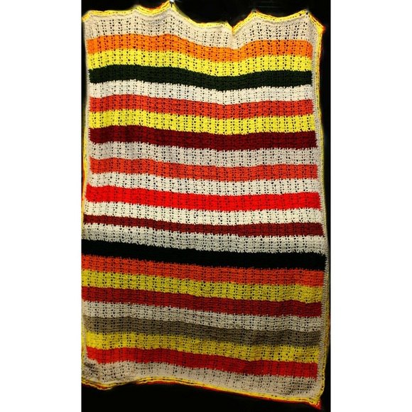 Hand Crochet Horizontal Striped Multicolor Queen Size Blanket Throw Afghan Yello - Picture 6 of 8